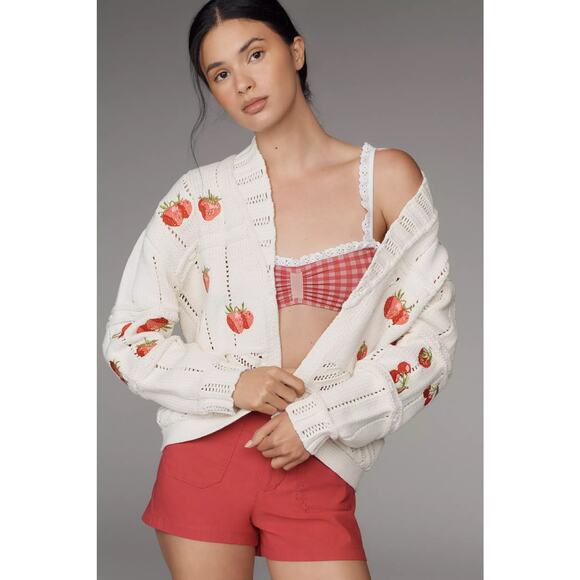 nwt ANTHROPOLOGIE MAEVE sz XS Fruit-Embroidered Cardigan Sweater Strawberry - Picture 1 of 6